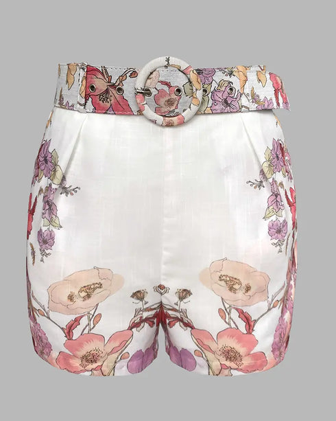 2 Pieces Outfit Floral Placement Print Stand Collar Button Button Front Lantern Sleeve Top and Casual Elastic Back Waist Shorts Set with Belt pink