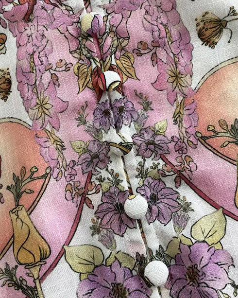 2 Pieces Outfit Floral Placement Print Stand Collar Button Button Front Lantern Sleeve Top and Casual Elastic Back Waist Shorts Set with Belt pink