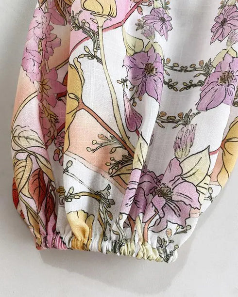 2 Pieces Outfit Floral Placement Print Stand Collar Button Button Front Lantern Sleeve Top and Casual Elastic Back Waist Shorts Set with Belt pink