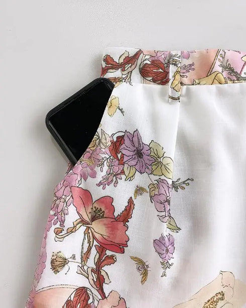 2 Pieces Outfit Floral Placement Print Stand Collar Button Button Front Lantern Sleeve Top and Casual Elastic Back Waist Shorts Set with Belt pink