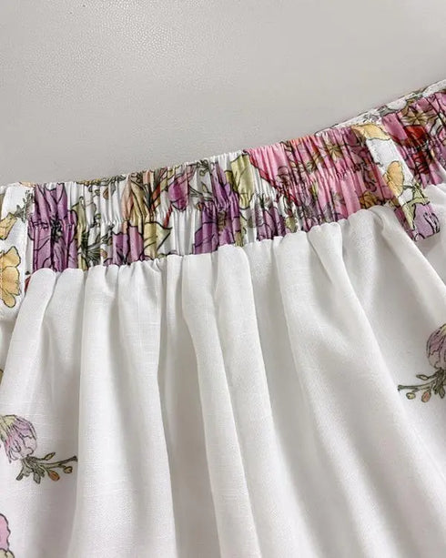 2 Pieces Outfit Floral Placement Print Stand Collar Button Button Front Lantern Sleeve Top and Casual Elastic Back Waist Shorts Set with Belt pink