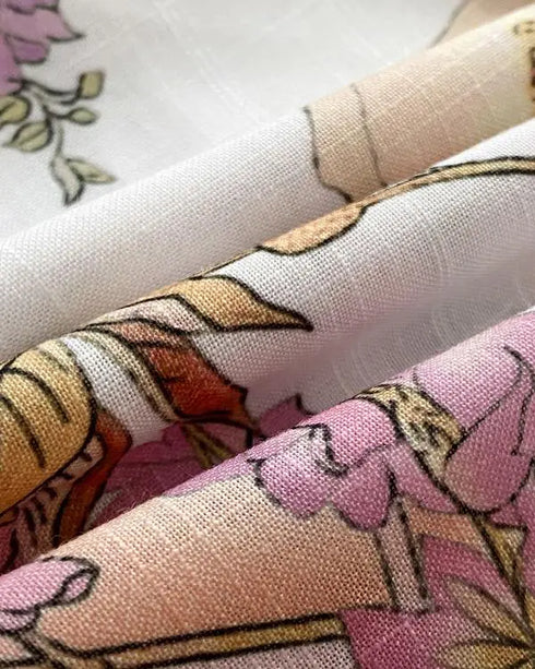 2 Pieces Outfit Floral Placement Print Stand Collar Button Button Front Lantern Sleeve Top and Casual Elastic Back Waist Shorts Set with Belt pink