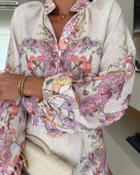 2 Pieces Outfit Floral Placement Print Stand Collar Button Button Front Lantern Sleeve Top and Casual Elastic Back Waist Shorts Set with Belt pink