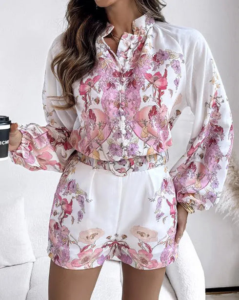 2 Pieces Outfit Floral Placement Print Stand Collar Button Button Front Lantern Sleeve Top and Casual Elastic Back Waist Shorts Set with Belt pink