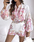 2 Pieces Outfit Floral Placement Print Stand Collar Button Button Front Lantern Sleeve Top and Casual Elastic Back Waist Shorts Set with Belt pink
