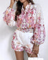 2 Pieces Outfit Floral Placement Print Stand Collar Button Button Front Lantern Sleeve Top and Casual Elastic Back Waist Shorts Set with Belt pink