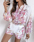 2 Pieces Outfit Floral Placement Print Stand Collar Button Button Front Lantern Sleeve Top and Casual Elastic Back Waist Shorts Set with Belt pink