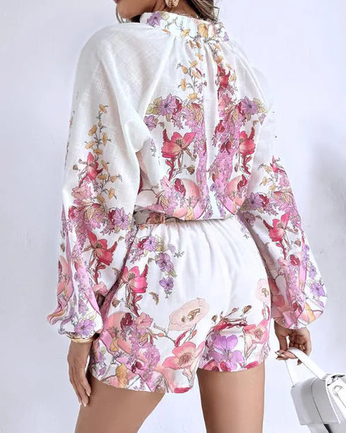 2 Pieces Outfit Floral Placement Print Stand Collar Button Button Front Lantern Sleeve Top and Casual Elastic Back Waist Shorts Set with Belt pink