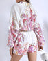 2 Pieces Outfit Floral Placement Print Stand Collar Button Button Front Lantern Sleeve Top and Casual Elastic Back Waist Shorts Set with Belt pink