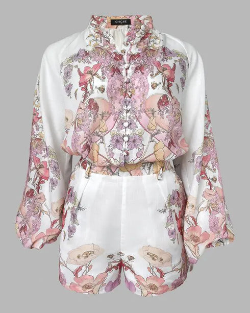 2 Pieces Outfit Floral Placement Print Stand Collar Button Button Front Lantern Sleeve Top and Casual Elastic Back Waist Shorts Set with Belt pink