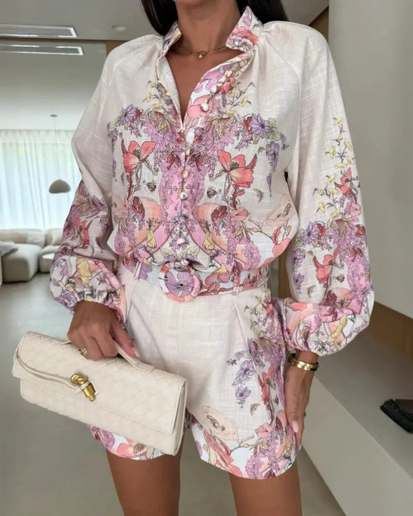 2 Pieces Outfit Floral Placement Print Stand Collar Button Button Front Lantern Sleeve Top and Casual Elastic Back Waist Shorts Set with Belt pink
