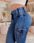 Casual High Waist Drawstring Capris Jeans with Pocket blue
