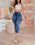 Casual High Waist Drawstring Capris Jeans with Pocket blue