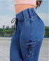 Casual High Waist Drawstring Capris Jeans with Pocket blue