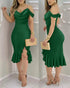 Glitter Off Shoulder Ruffles Slit Dress green