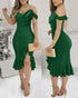 Cold Shoulder Pearls Strap Cowl Neck Evening Bodycon Dress Elegant High Slit Fishtail Maxi Dress green