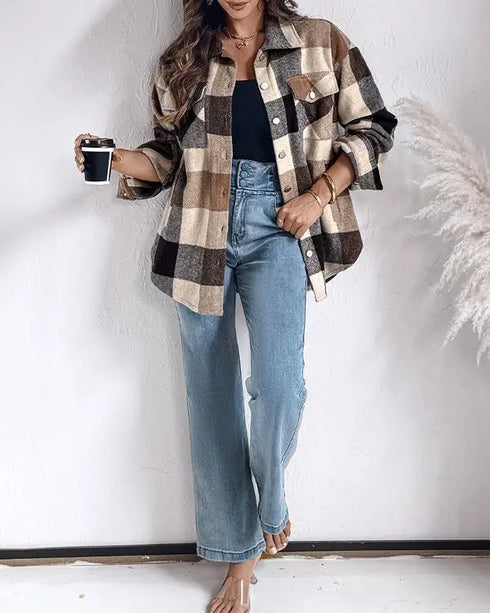 Vintage Plaid Print Turn-down Collar Button Front Jacket Casual Flap Pockets Design Loose Brushed Shirt Coat khaki