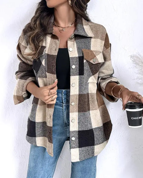 Vintage Plaid Print Turn-down Collar Button Front Jacket Casual Flap Pockets Design Loose Brushed Shirt Coat khaki