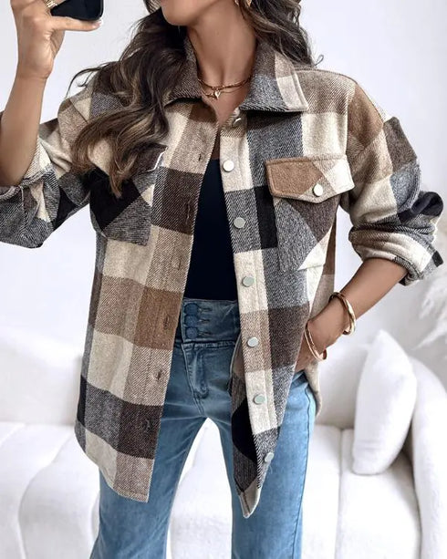 Vintage Plaid Print Turn-down Collar Button Front Jacket Casual Flap Pockets Design Loose Brushed Shirt Coat khaki