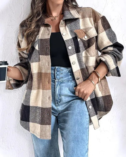 Vintage Plaid Print Turn-down Collar Button Front Jacket Casual Flap Pockets Design Loose Brushed Shirt Coat khaki