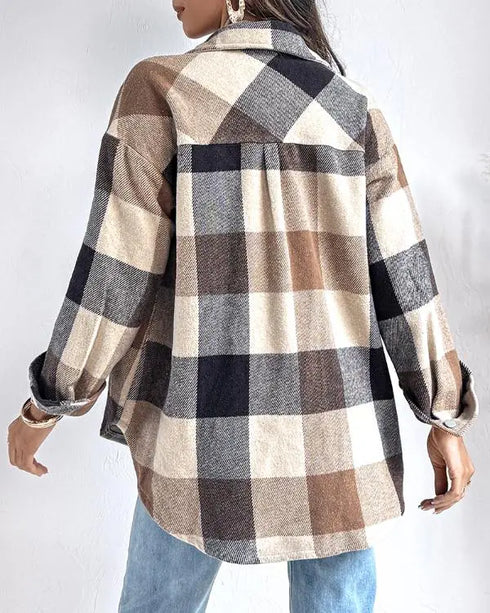 Vintage Plaid Print Turn-down Collar Button Front Jacket Casual Flap Pockets Design Loose Brushed Shirt Coat khaki