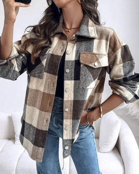 Vintage Plaid Print Turn-down Collar Button Front Jacket Casual Flap Pockets Design Loose Brushed Shirt Coat khaki