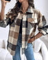 Vintage Plaid Print Turn-down Collar Button Front Jacket Casual Flap Pockets Design Loose Brushed Shirt Coat khaki