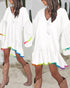 Colorblock V-Neck Bell Sleeve A Line Tassel Mini Dress Vacation Dress white