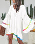 Colorblock V-Neck Bell Sleeve A Line Tassel Mini Dress Vacation Dress white