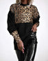 Velvet Contrast Leopard Sequin Patch Crewneck Sweatshirt Ruched Long Sleeve Zipper Slit Pullover Top black