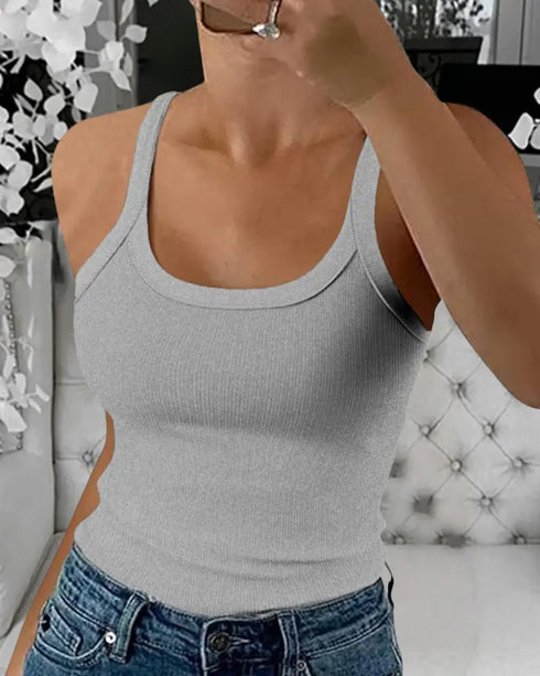Scoop Neck Spaghetti Strap Ribbed Top Casual Sleeveless Slim Fit Tank gray