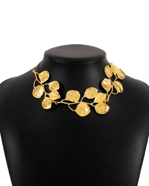 2 Pieces Jewellery Set Metal Leaf Necklace and Flower Earrings Set gold