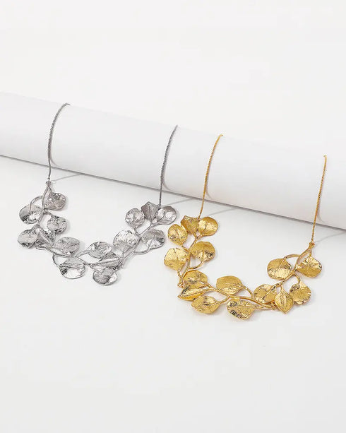 2 Pieces Jewellery Set Metal Leaf Necklace and Flower Earrings Set gold