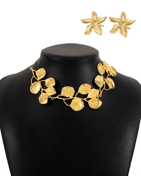 2 Pieces Jewellery Set Metal Leaf Necklace and Flower Earrings Set gold