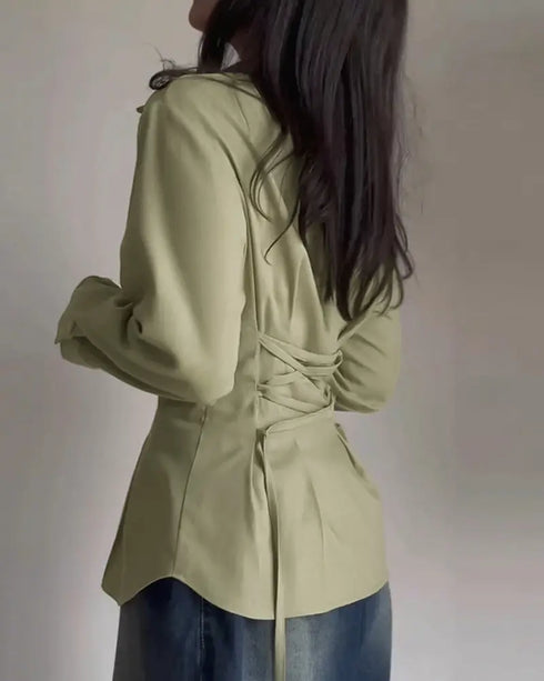 Turn-down Collar Long Sleeve Button Front Blouse Casual Back Criss Cross Tied Detail Fishtail Shirt green
