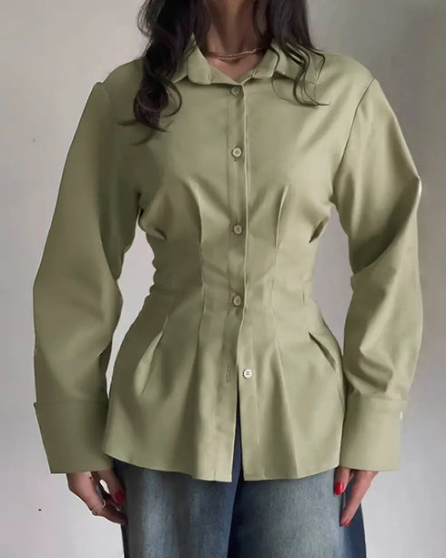 Turn-down Collar Long Sleeve Button Front Blouse Casual Back Criss Cross Tied Detail Fishtail Shirt green