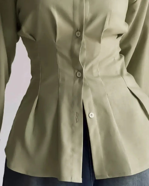 Turn-down Collar Long Sleeve Button Front Blouse Casual Back Criss Cross Tied Detail Fishtail Shirt green