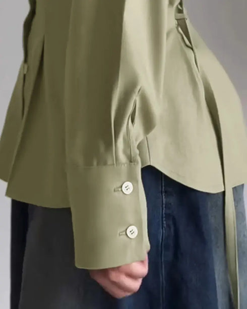 Turn-down Collar Long Sleeve Button Front Blouse Casual Back Criss Cross Tied Detail Fishtail Shirt green
