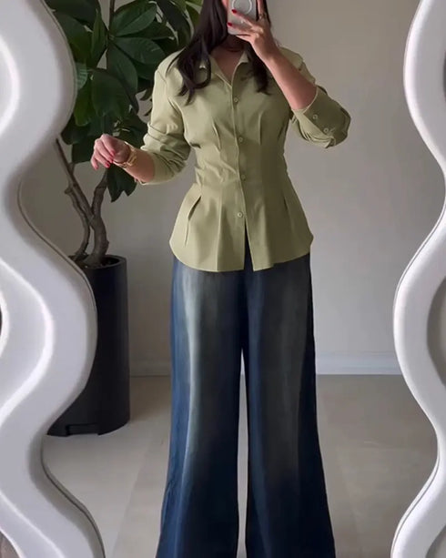 Turn-down Collar Long Sleeve Button Front Blouse Casual Back Criss Cross Tied Detail Fishtail Shirt green