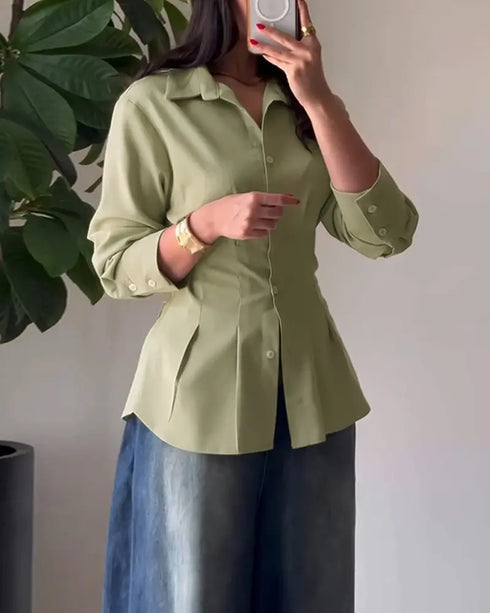 Turn-down Collar Long Sleeve Button Front Blouse Casual Back Criss Cross Tied Detail Fishtail Shirt green