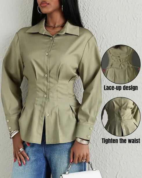 Turn-down Collar Long Sleeve Button Front Blouse Casual Back Criss Cross Tied Detail Fishtail Shirt green