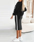 3 Pieces Outfit Sporty Striped Long Sleeve Baseball Coat and Ribbed Knit Tank with Slim Fit Slit Skirt Set black