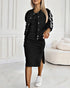 3 Pieces Outfit Sporty Striped Long Sleeve Baseball Coat and Ribbed Knit Tank with Slim Fit Slit Skirt Set black