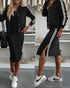 3 Pieces Outfit Sporty Striped Long Sleeve Baseball Coat and Ribbed Knit Tank with Slim Fit Slit Skirt Set black