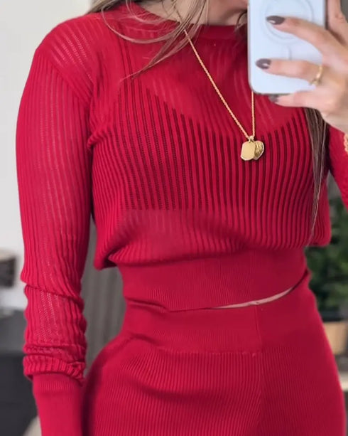 Round Neck Long Sleeve Vertical Pit Texture Top and Casual Wide Leg Pants Set red