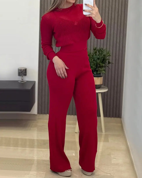 Round Neck Long Sleeve Vertical Pit Texture Top and Casual Wide Leg Pants Set red