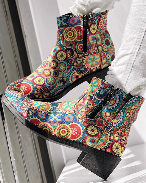 Vintage Floral Tribal Pattern Zipper Back Ankle Boots Multicolor