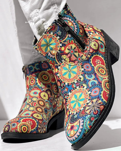 Vintage Floral Tribal Pattern Zipper Back Ankle Boots Multicolor