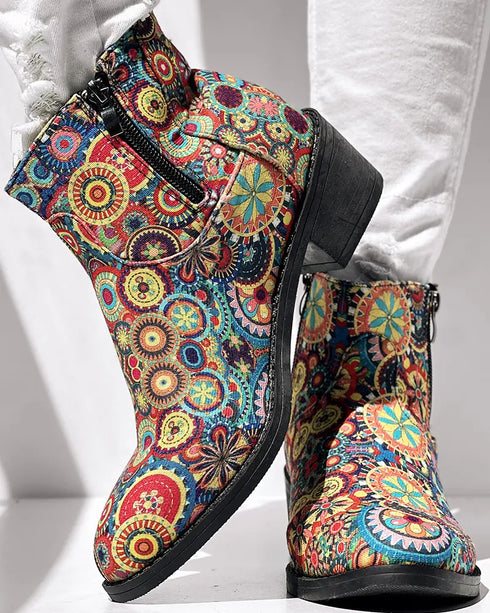 Vintage Floral Tribal Pattern Zipper Back Ankle Boots Multicolor