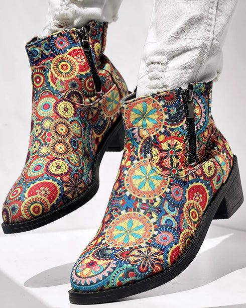 Vintage Floral Tribal Pattern Zipper Back Ankle Boots Multicolor